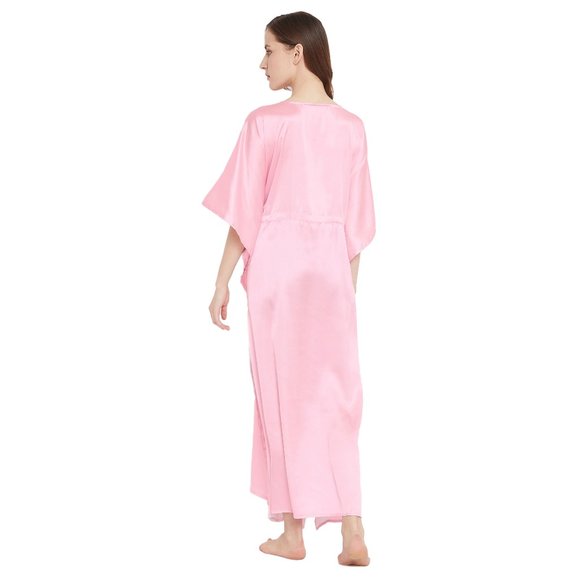 Women's Pink Satin Night Dress Kimono Kaftan Solid Caftan Cover up Maxi Dresses - Picture 9 of 10